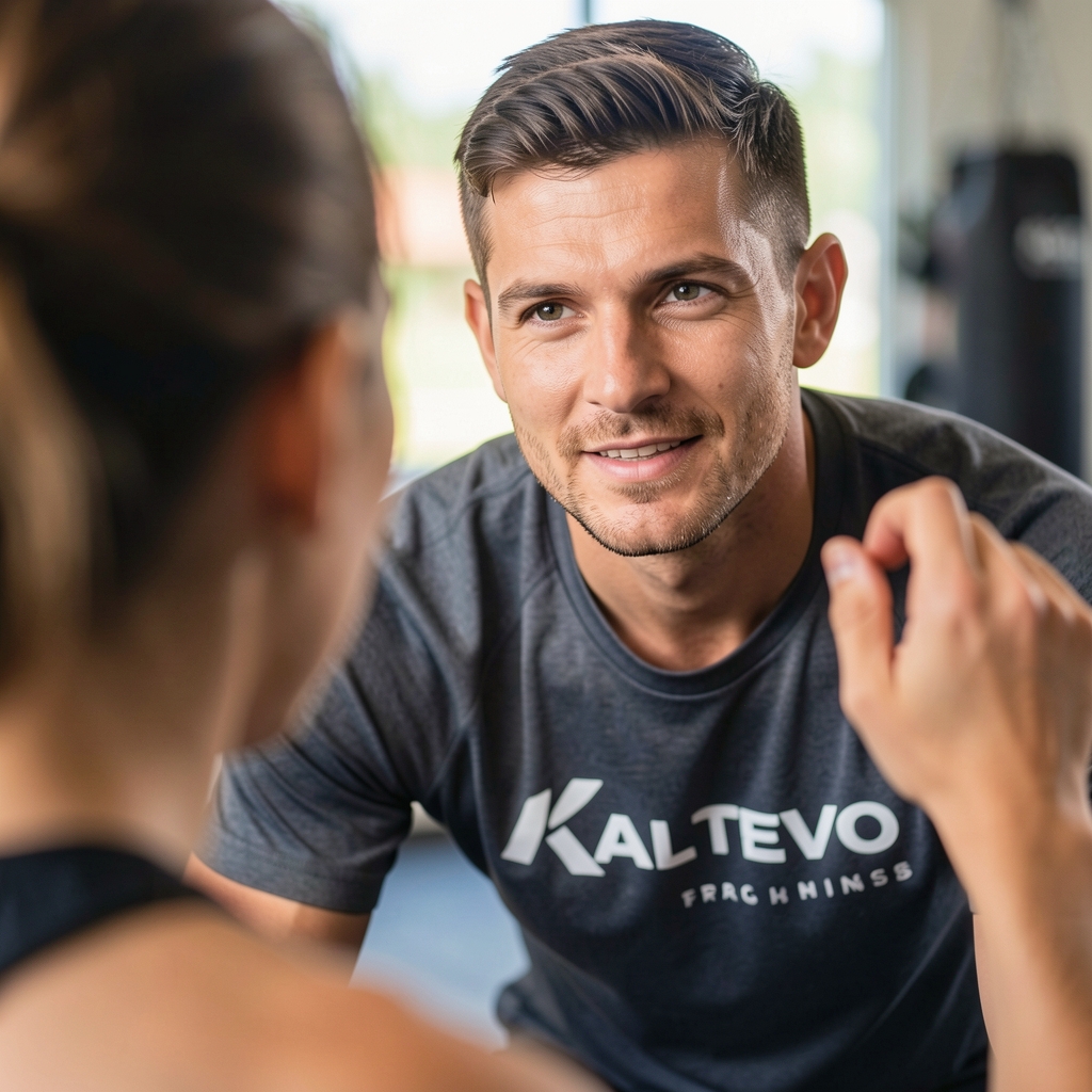 Coach conducting one-to-one movement screening with a client at Kaltevo training studio, assessing hip hinge mechanics under studio lighting