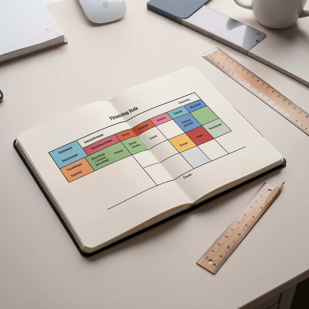 Open notebook showing a periodised training block diagram on a clean desk with pencil and ruler in a professional workspace under studio lighting
