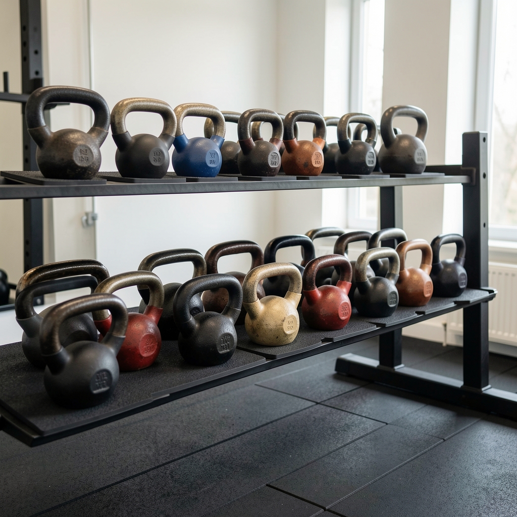 Organised row of kettlebells of graduated sizes on a rubber-floored studio rack, photographed in a clean workspace with even lighting