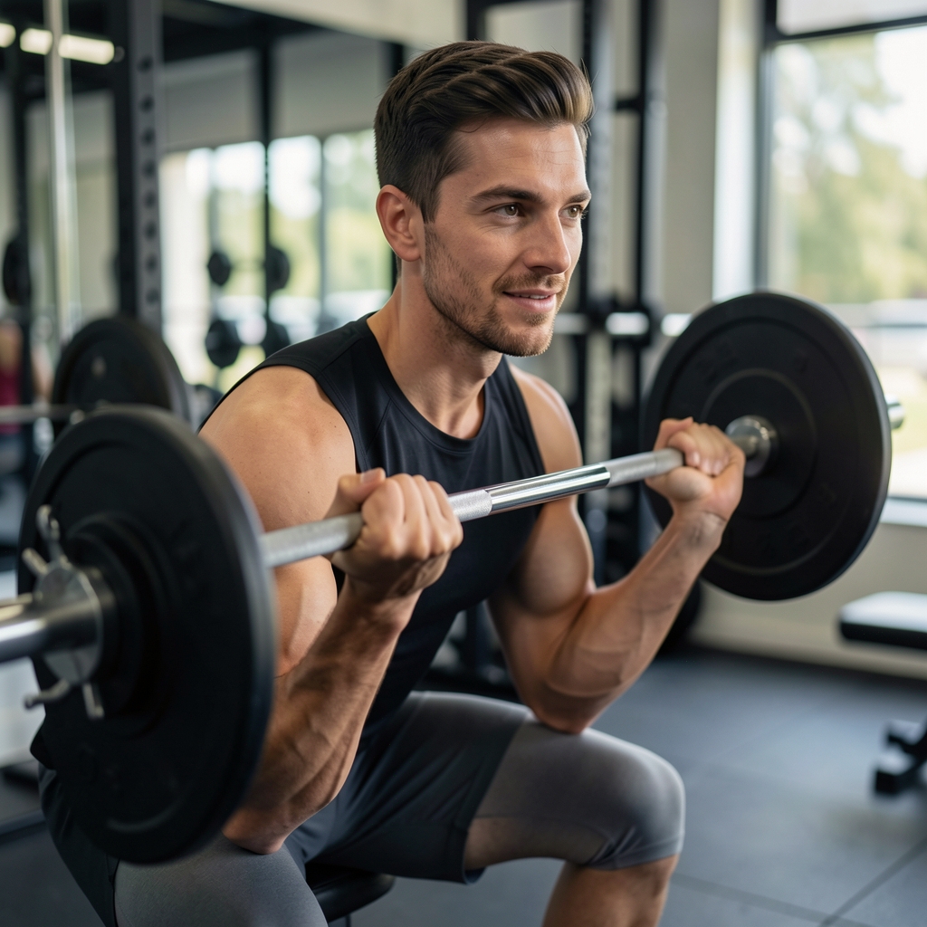 Personal trainer observing client performing a barbell squat in a well-equipped training studio with controlled lighting