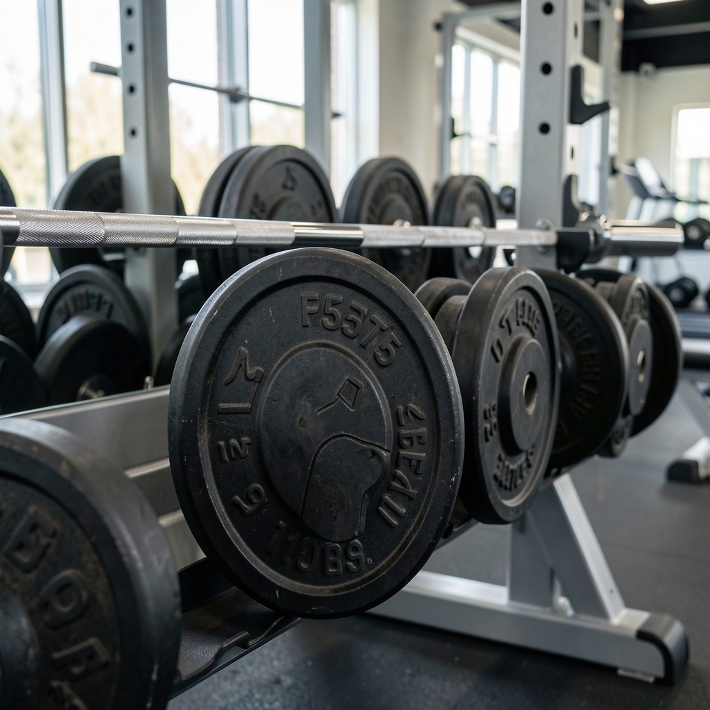 Close-up of calibrated weight plates on a barbell rack in a professional training facility