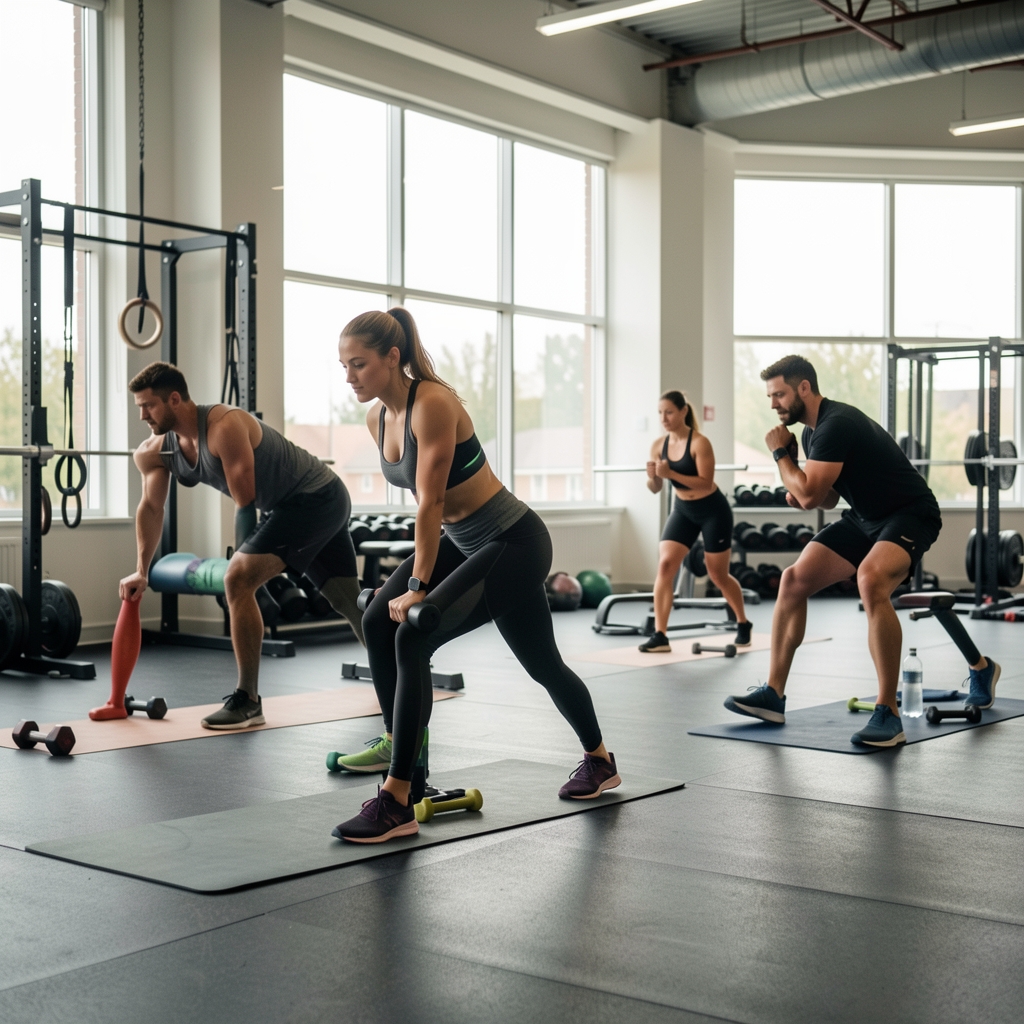 Small group of athletes performing functional training drills in an open gym space with natural light