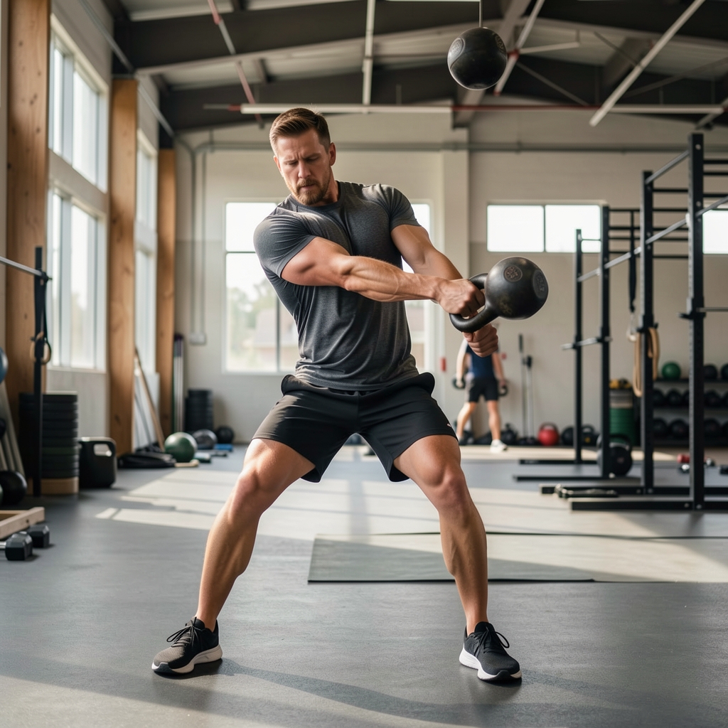 Athlete performing an explosive kettlebell swing during a sports conditioning session in an open training facility