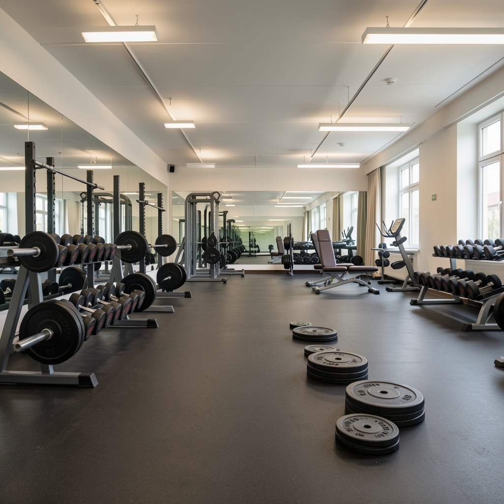 Vienna training studio interior showing barbells, calibrated plates, and open floor space under studio lighting